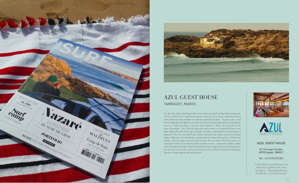 Azul Guesthouse feature page in Surf Session magazine, showcasing our surf and yoga offerings in Morocco.